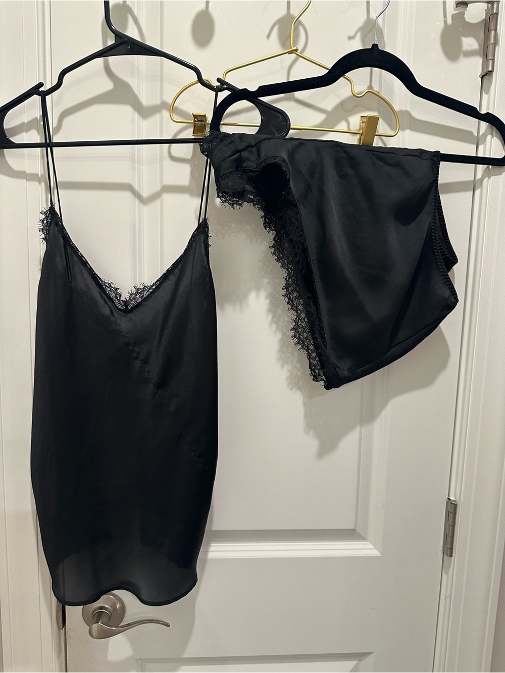 Victoria's Secret Black Satin Lace-Trim Chemise & Shorts Set